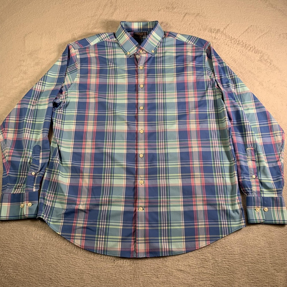 Peter Millar Shirt‎ Mens XL Blue Plaid Summer Comfort Button Down Stretch Golf